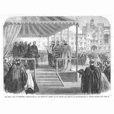 CAMBRIDGE Royal Visitors in the Quadrangle of Trinity College - Antikdruck 1864