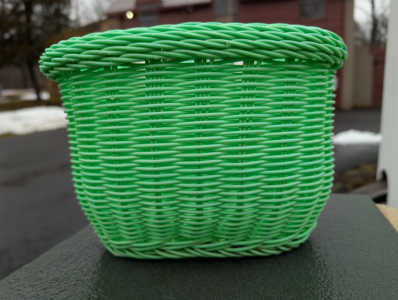 Plastic Wicker Basket Green With White Leather Strap Oval Vt