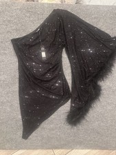 Fashion Nova One shoulder cocktail Party sequin dress with feathers Black XL  A1