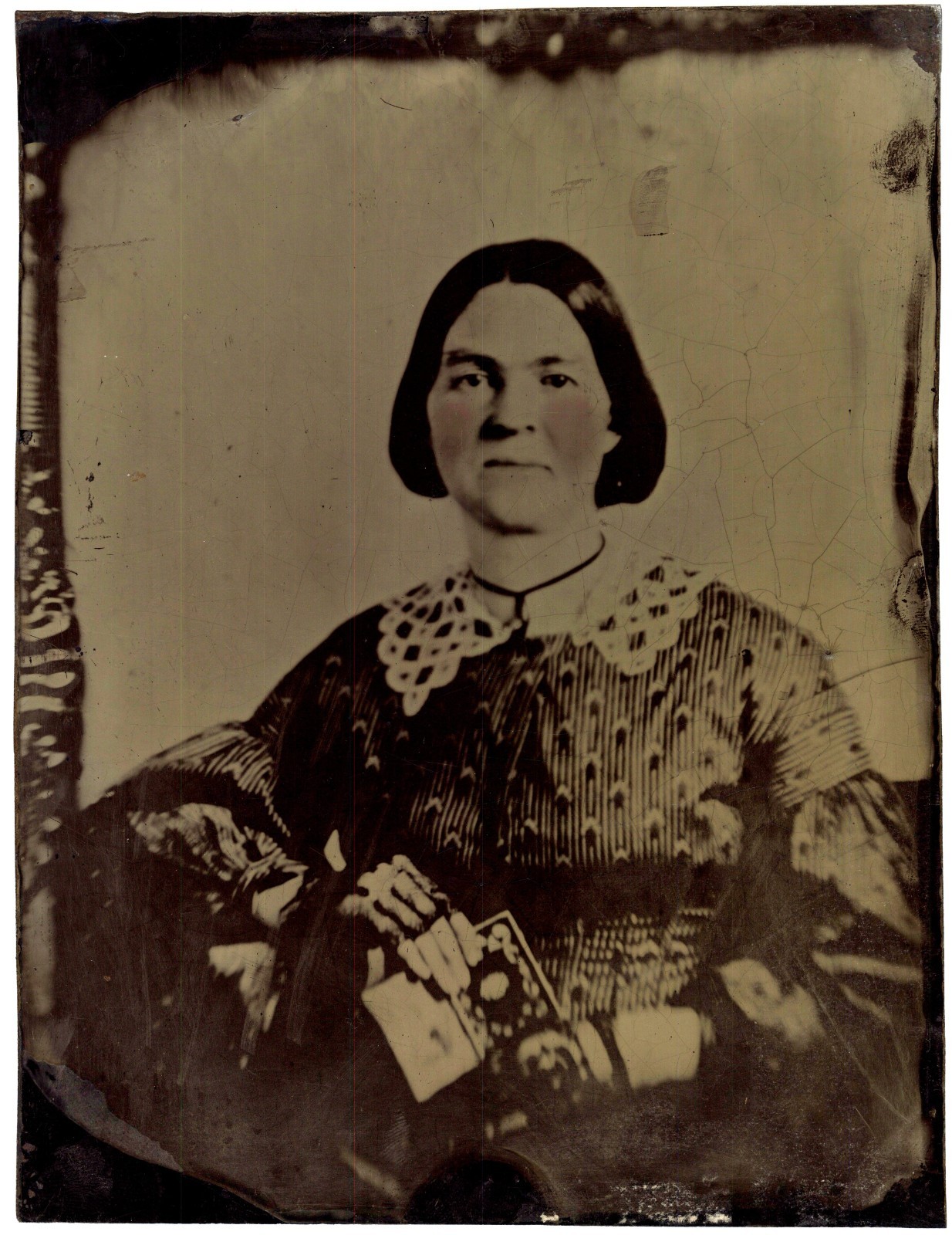 C. 1860s Whole Plate Tintype Lady in Mourning Dress Holding Daguerreotype Case