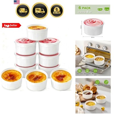 Ramekins with Lids Set of 6 8 oz Porcelain Baking Cups for Souffle Creme Brul...