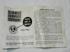 Lionel 1952-1953 Postwar Lionel Approved Service Stations Form 927 52 TT
