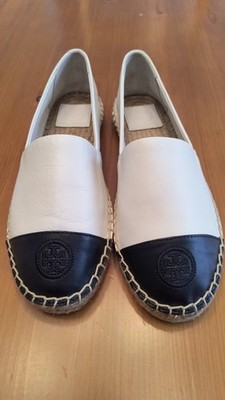 TORY BURCH COLOR BLOCKED CANVAS LEATHER FLAT ESPADRILLE IN BLACK WHITE 7 EUC