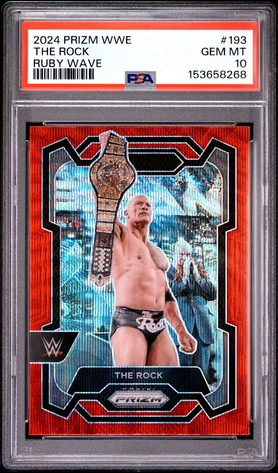 2024 Panini Prizm WWE The Rock #193 Ruby Wave PSA 10
