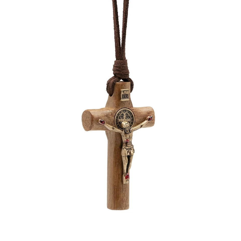 Cruz de Madera Crucifijo San Benito Collar Cuero Cordón Hombres Mujeres Ajustable Foto 3 de 4