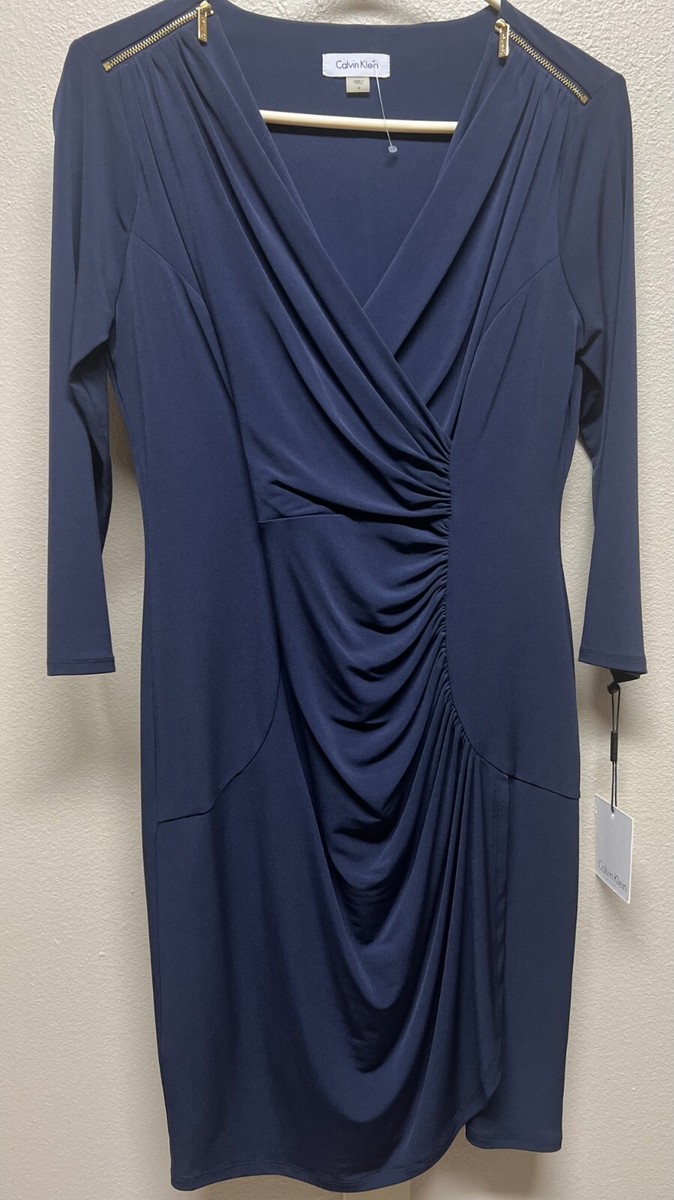 calvin klein navy blue sheath dress NWT Faux Wrap Zippered Shoulder Size 4 NEW heel boots occasion_winter_wedding_guest Blue Sequin Dresses - Color:Steel Blue