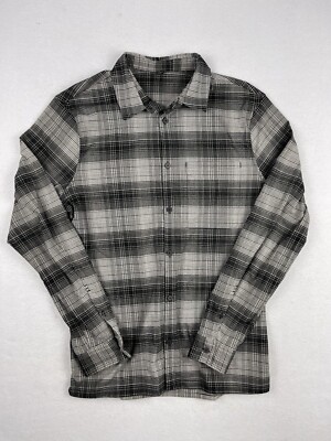 LULULEMON Mens Masons Peak Flannel Size Large Black Gray Plaid Button Stretch