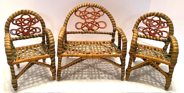 3 Piece Wicker Green/Brown/Coral (Barbie Type) Doll Furniture-Loveseat+2 Chairs