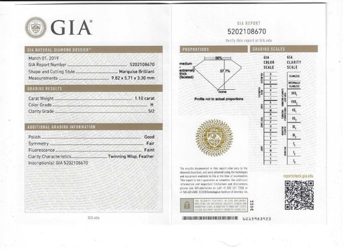 GIA Certified 1.10 Carat Marquise Shape Natural Earth Mined Diamond H-SI2 - Picture 2 of 5