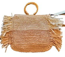 Collection Eighteen Woven Straw Bag Adjustable Strap Wooden Top Handle NWT