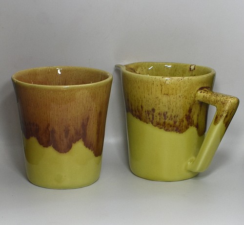 Midcentury WINART Art Pottery Set Yellow Brown Drip Glaze Sugar & Cream Signed - Picture 7 of 24