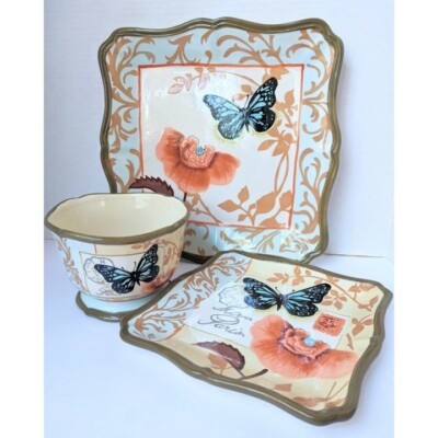Certified International Jennifer Brinley Antiqua Postmark Butterfly Blu Blk 3 Pc