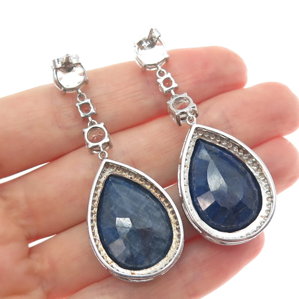 925 Sterling Silver Real Diamond White Topaz & Sapphire Dangle Earrings - Image 2 of 4