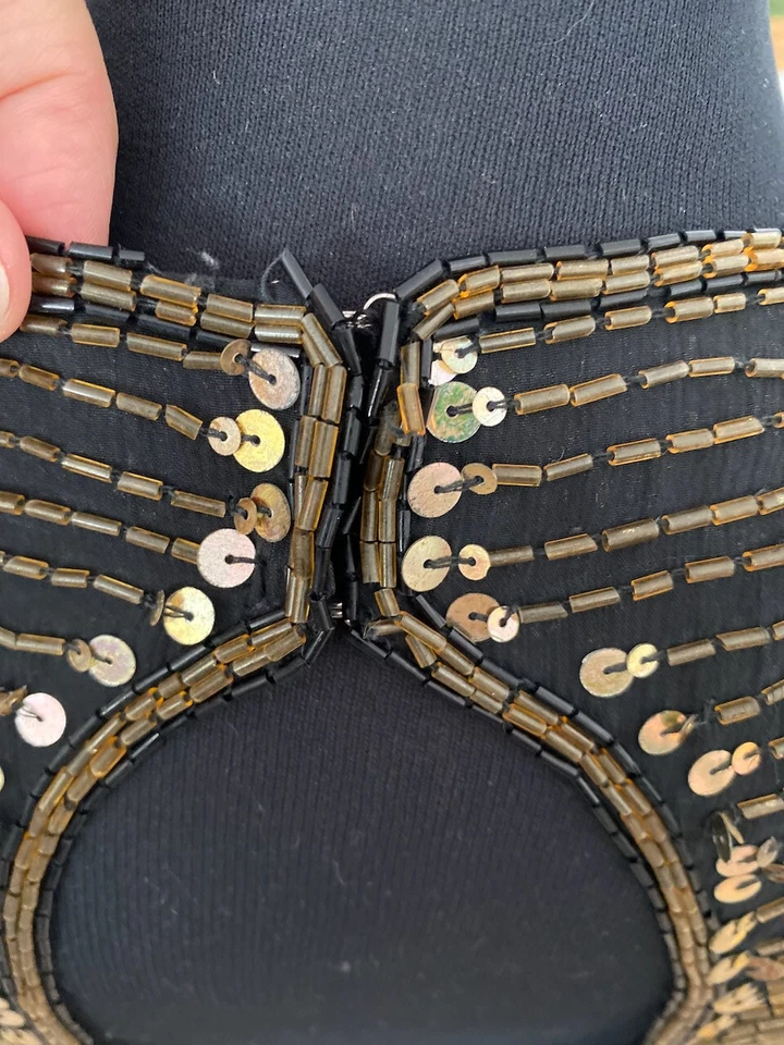 Vestido vintage St e'nay negro/dorado 100 % seda con cuentas lentejuelas talla 6 manga corta Foto 3 de 4