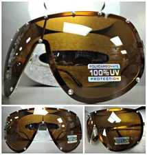 HUGE XL OVERSIZE VINTAGE SHIELD Style SUNGLASSES Gold Frame Brown Polarized Lens