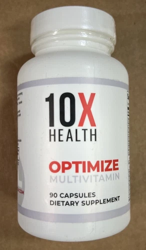 White plastic bottle of 10X Health Optimize Methylated Multivitamin with black and red text detailing supplement facts.