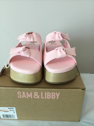 SAM & LIBBY PINK INDIE DOUBLE BOW PLATFORM MULES SHOES Sz 7 - Picture 3 of 9
