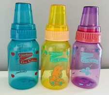 Gerber Gem Collection 5 oz Baby Bottle Set Bright Colors Cap Lid Vintage 1992