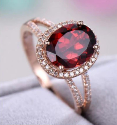 2.7CT Red Garnet Lab Created Diamond Split Shank Halo Engagement 925 Silver Ring