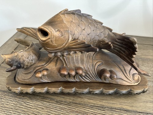 Smoking Carp Leaping Over The Dragon Gate Boxwood Hand Carved Vtg - Picture 2 of 23