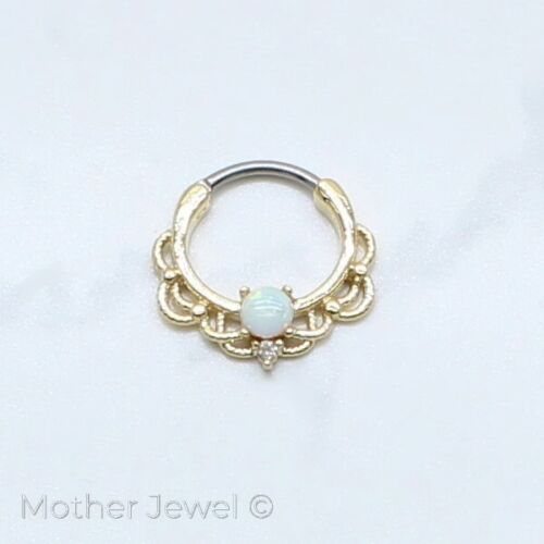 OPAL CENTRED SILVER 14K ROSE YELLOW GOLD IP NOSE SEPTUM CLICKER HOOP EAR RING - Picture 6 of 11