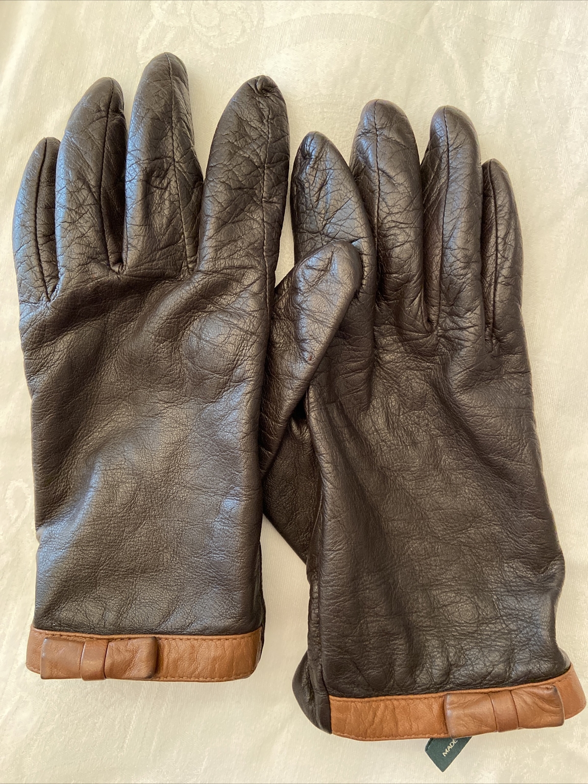 Lauren Ralph Lauren Brown Leather Gloves Size XL Flee… Gem