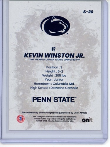 /170 KEVIN WINSTON JR AUTO WHITE 2024 ONIT Penn State Signature Series Titans RC - 第 2/2 張圖片