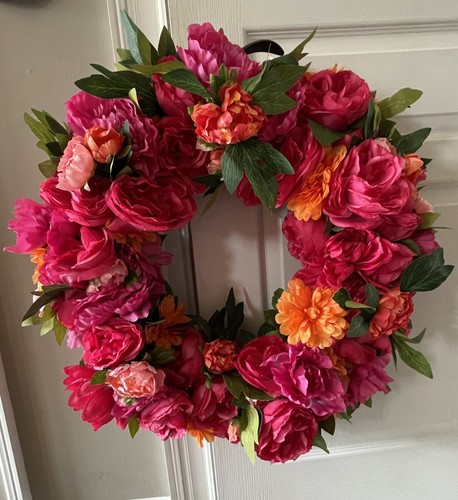Pink Orange Cabbage Rose Faux Flower Wreath Handmade 23 Inches New Spring Summer