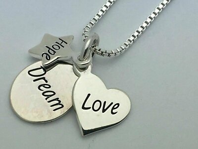 925 Sterling Silber ''Hoffnung Liebe Traum'' Stern Herz Charm Anhänger Halskette 18''