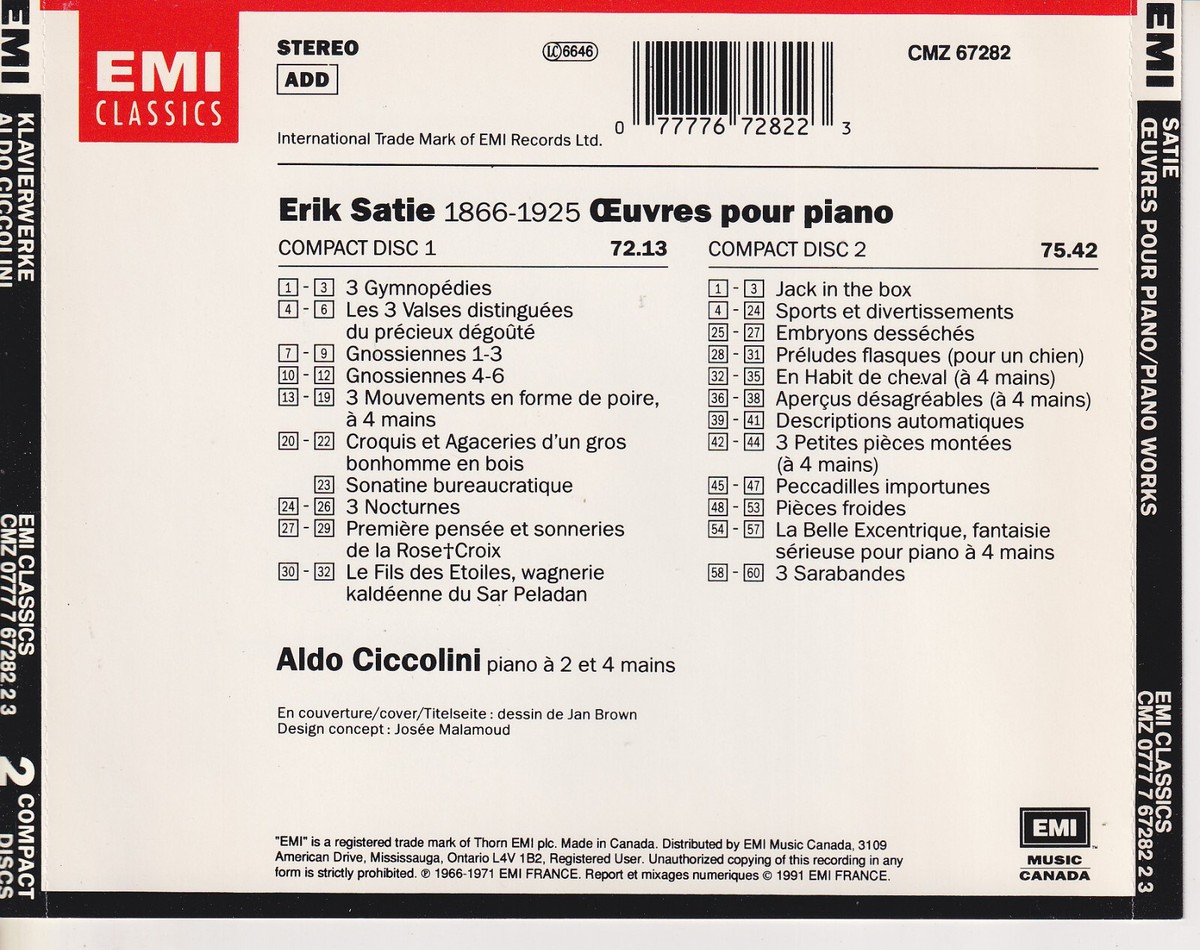 ERIK SATIE Oeuvres Pour Piano Works (CD 1991) 2-Disc EMI Classics