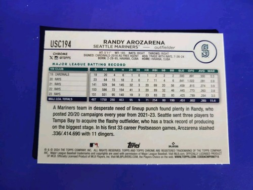 2024 Topps Chrome Update RayWave Refractor Randy Arozarena USC-194 Mariners - Imagen 2 de 9