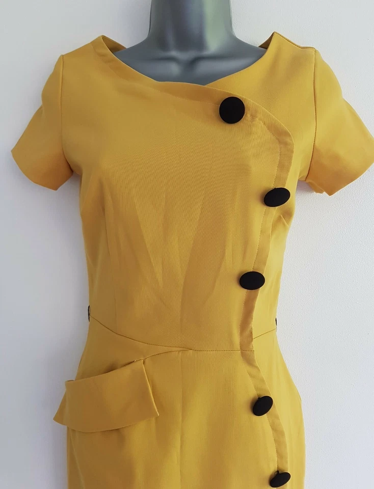 VESTIDO BODYCON HÍBRIDO MUJER AMARILLO BOTÓN DETALLADO MANGA CORTA. TALLA UK 8. Foto 3 de 4