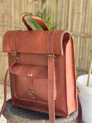 Goat Leather Backpack Bag Laptop Rucksack Vintage Brown Men's Genuine Quick Open