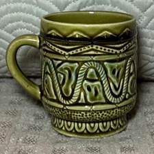 VTG Stylecraft MCM Japan Avocado Green TIKI Stoneware Coffee Mug Cup #1116