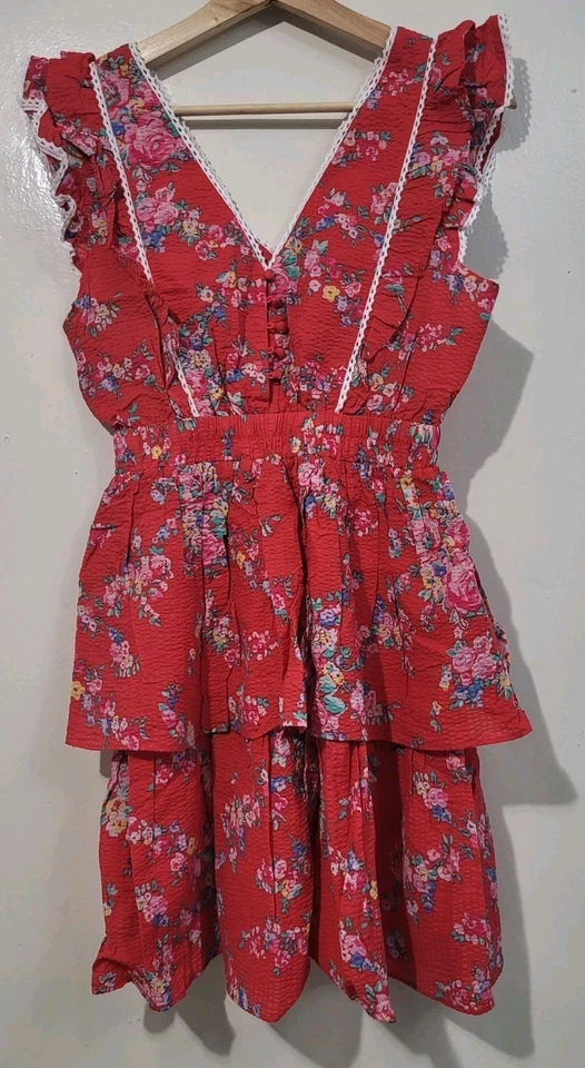 Betsey Johnson Bush Gardens Red Seersucker Ruffle Floral Red Dress Size Small  - Image 3 of 4