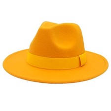 Men's Women's Wide Brim Fedora Hats with Ribbon Panama Felt Cap, British Yellow