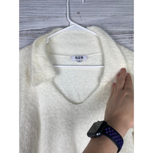 525 Short Eyelash Collared Sweater White Small Long Sleeve Crop Preppy Neutral - Picture 2 of 9
