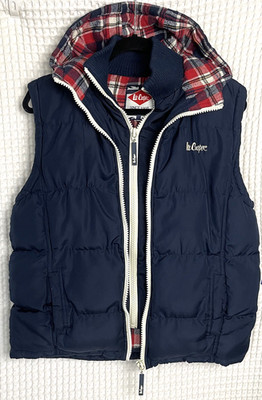 Lee Cooper Hooded Puffer Gilet Mens Size M Blue Waistcoat Plaid Lining Polyester