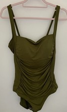 M&S MAGIC SHAPING TUMMY CONTROL Sage Green RUCHED Plunge SWIMSUIT UK22 long BNWT