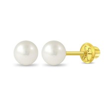 18k Yellow Gold 3mm-6mm Girls' Classic Cultured Pearl Safety Screw Back Earri...