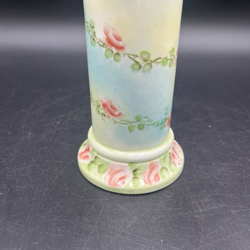Antique Rare Floral Cylindrical Vas With Delicate Lattice Basket Weave Maker Unk - Picture 2 of 7