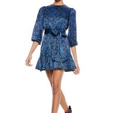 Alice + Olivia Mina dress shimmer blue floral mini length, bell sleeves and belt