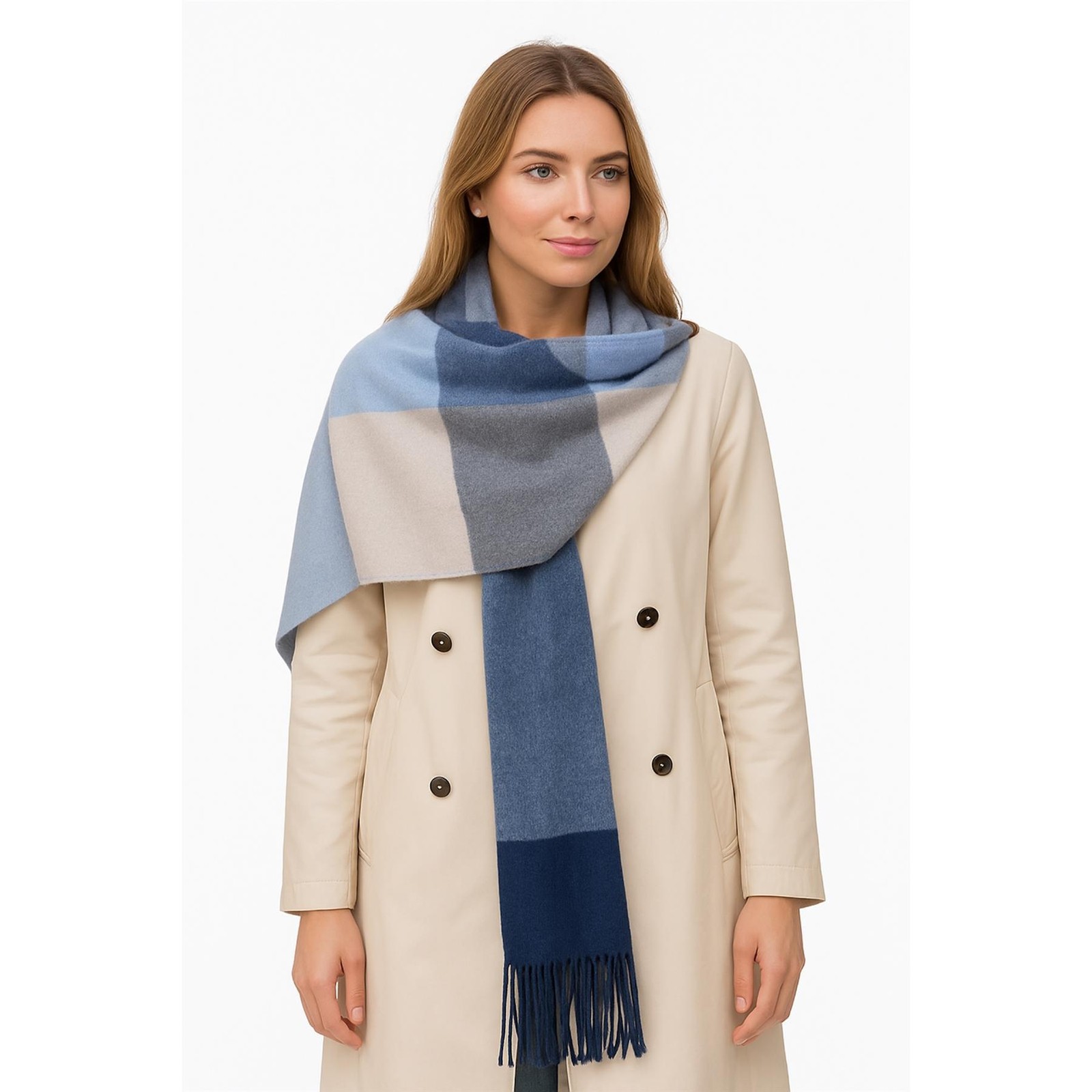 Check Shawl Scarf Sand Blue White Poncho Womens Supersoft Gift Packaged CRAGGI