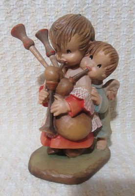 Anri Ferrandiz Wood Carved Figurine The Helper Boy with Angel Playing Bagpipes