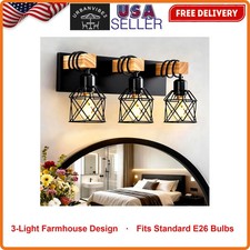 3-Light Farmhouse Bathroom Vanity Light Wall Lighting Over Mirror Natural Wood