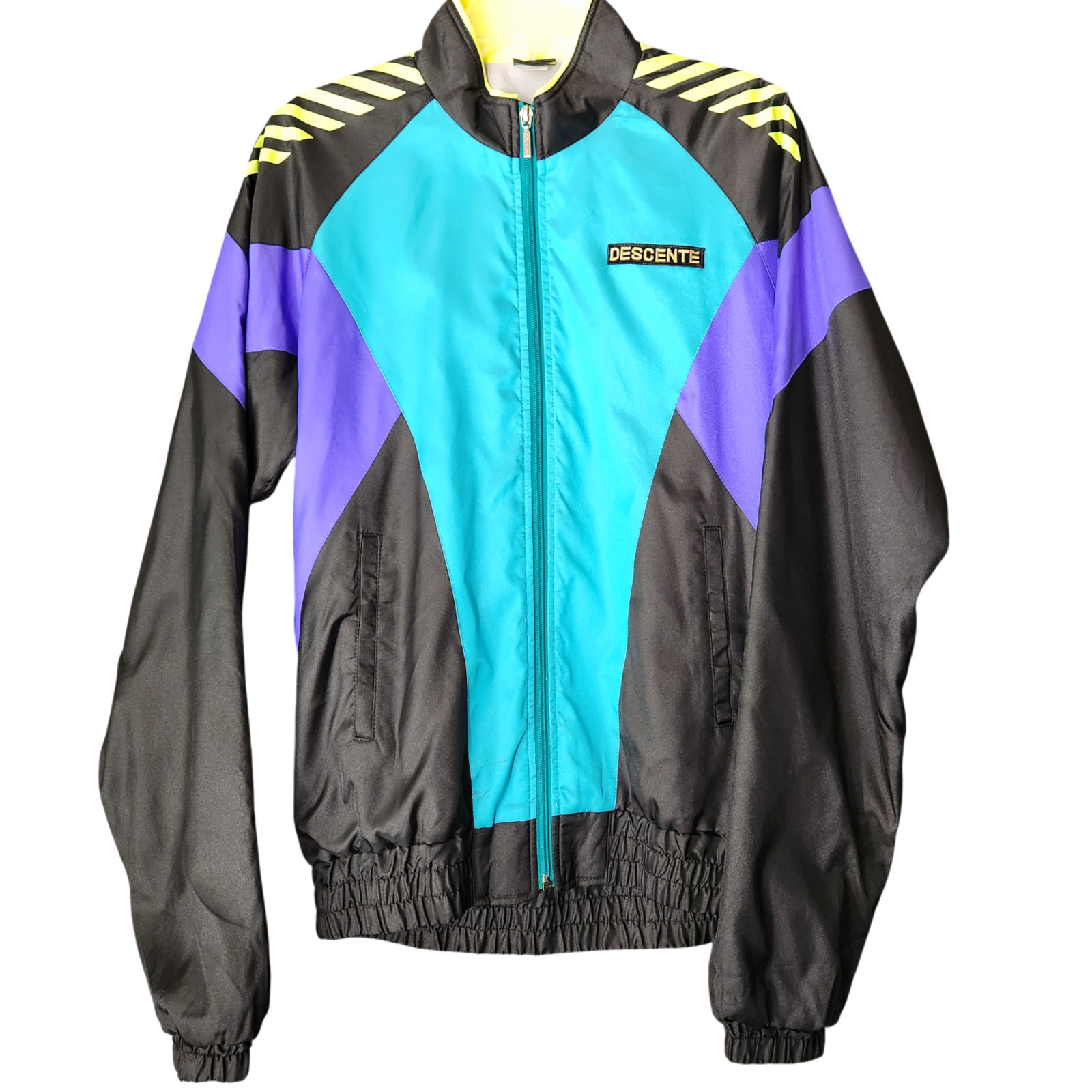 VTG Descente Jacket Mens Large Black Blue Teal Colorblock Windbreaker Made Japan