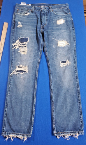 Levis 514 Slim Straight Jeans Mens 36x30 Blue Ripped Distressed Frayed - Afbeelding 1 van 20