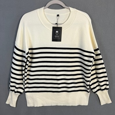 ETCYY Oversized Striped Crewneck Sweater Women's Size XS Ivory Black NWT