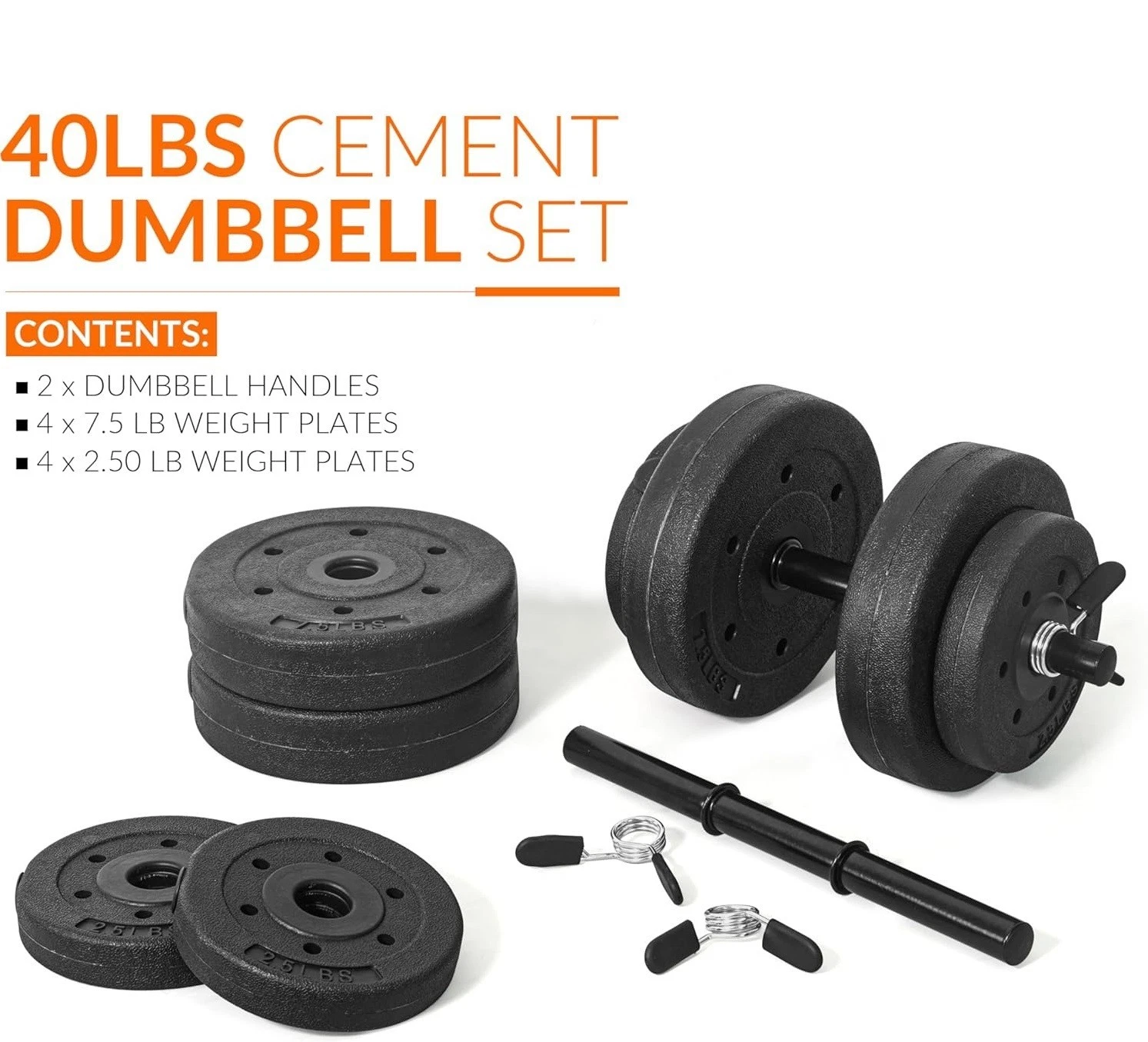 Adjustable 40lb Cement Dumbbell Set Vinyl Coating Weight Plates GYM Exercises.