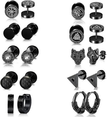 Ohrringe Herren Edelstahl 8mm Silber Schwarz Cubic Zirkonia Set 10